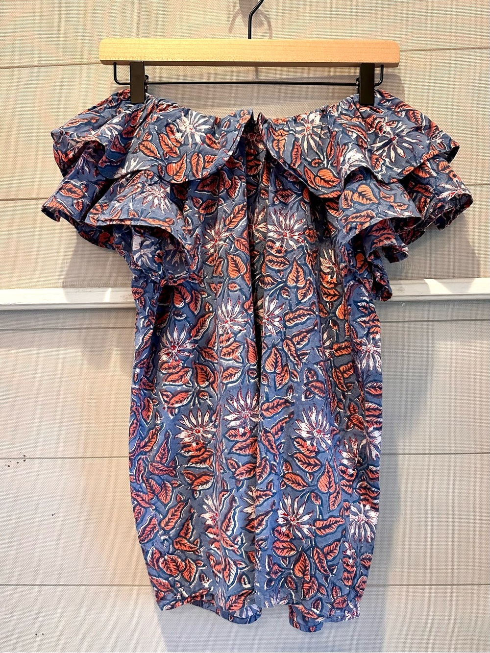 Blue Floral Off-Shoulder Ruffle Tunic
